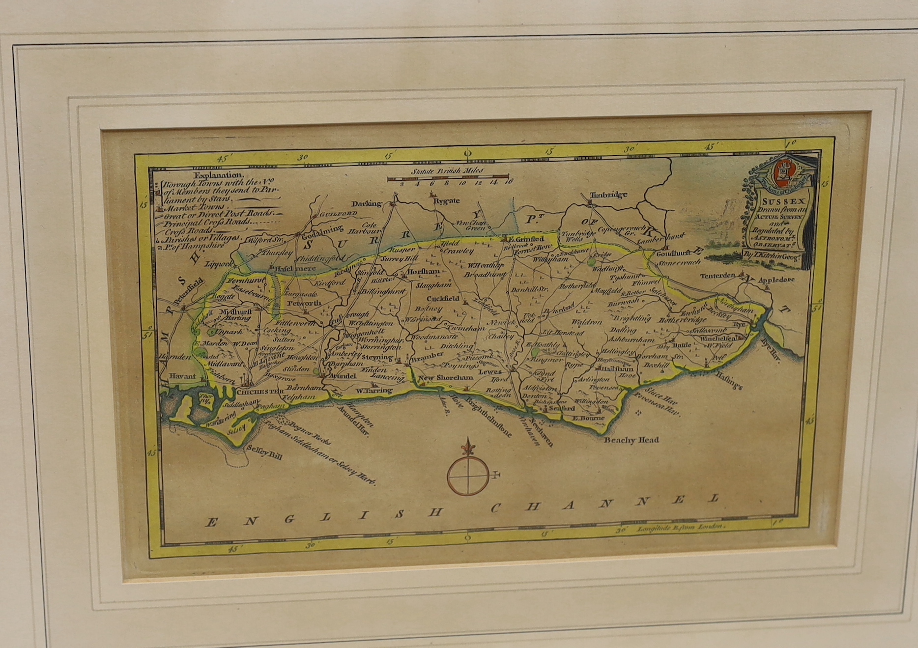 After Thomas Kitchin (1719-1784), hand coloured engraved map of Sussex and after William Hogarth (1697-1764), hand coloured engraving, ‘The Five Orders of Periwigs’, publ. 1761 by W Hogarth, largest 32 x 23cm